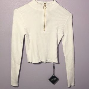 white ribbed quarter zip crop sweater